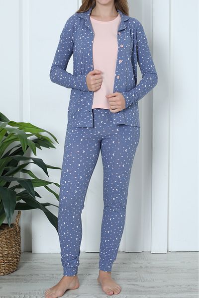 Nicoletta Indigo Women &Apos; S Pajama Set - Long Sleeve, Button, Pocket, Cotton Set of 3