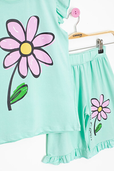 Cansın Mini Mint Daisy Printed Ruffle Detailed Girl's Shorts Set of 2 20605