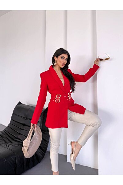 BARG FASHION Kadın Kemer Detaylı Uzun Blazer Ceket