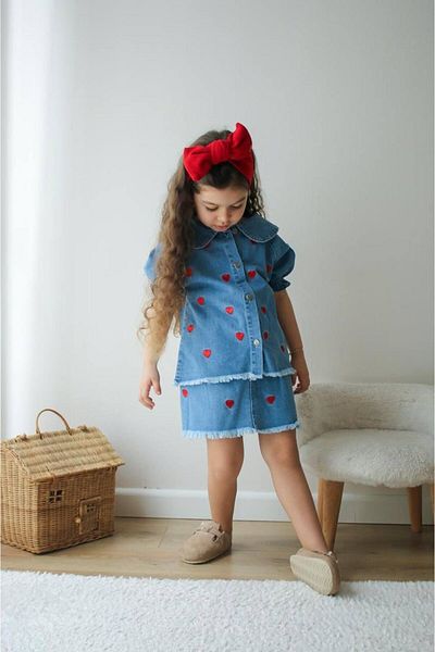 tunays shopping Heart Embroidered Denim Skirt Set