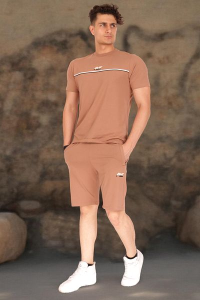 rec specs Men's Beige T-Shirt & Shorts Set, Elastic Waist and Standard Fit