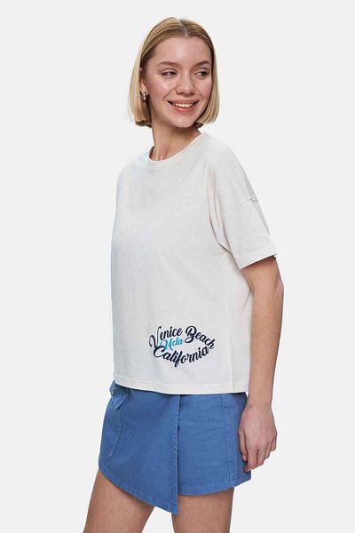 UCLA Odette Bone Color Crew Neck Foil Printed Loose Fit Women's Tshirt