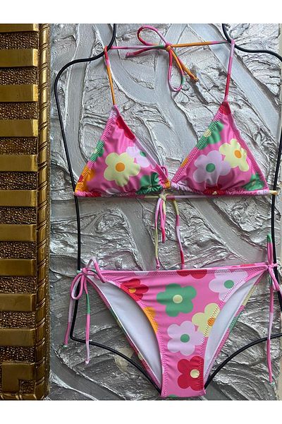 XORVİO Women's New Season Lycra Stretchy Side and Neck Tie Stylish Drawstring Triangle Flower Pattern Bikini Set