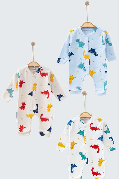 Bamoola 100% Cotton Dino Patterned 3-Piece Jumpsuit