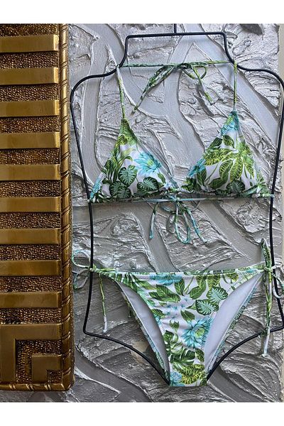 XORVİO Women's New Season Lycra Stretchy Side and Neck Tie Stylish Drawstring Triangle Green Blue Bikini Set