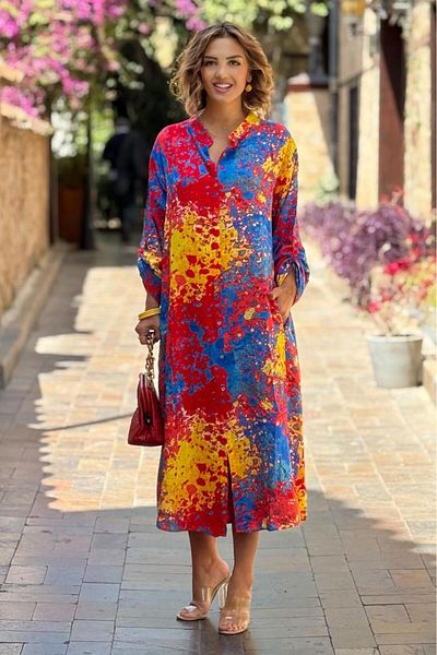 Nevin Kaya Moda ΜΑΚΡΥ ΜΕΓΕΘΟΣ Κίτρινο Μπλε Κόκκινο Φόρεμα Πουκάμισο Μεγάλου Μεγέθους