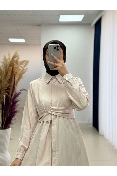 Ebrar Store Selen Veined Fabric Tied Shirt-Çi̇425 Stone