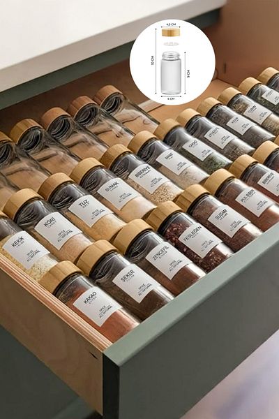 Kitchen Life 12Pcs Bamboo Lid Round Glass Spice Rack Set / 56Pcs Labels Gift