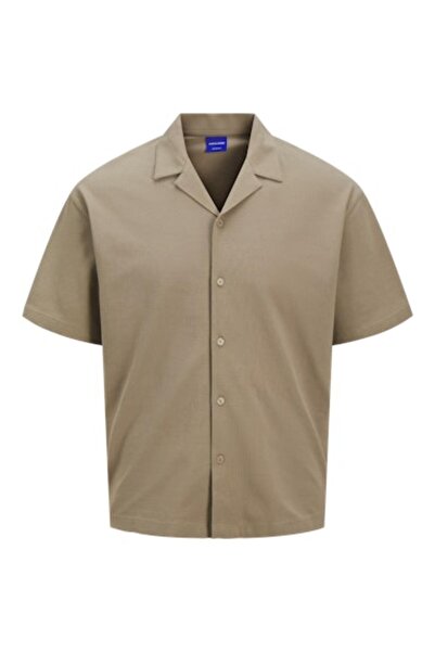 Jack & Jones Ανδρικό βαμβακερό μπεζ πουκάμισο με λαιμόκοψη Jack Jones 12269996