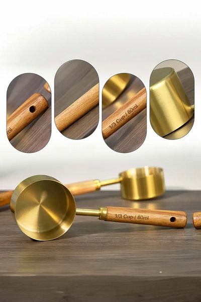 Jenisa Gold Stainless Steel Measuring Spoon 60 ml Premium Quality Measuring Spoon with Wooden Handle
