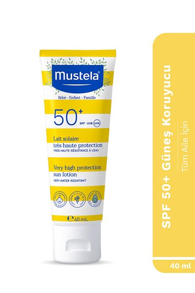 Mustela عامل حماية من الشمس SPF 50+، واقي من الشمس للوجه والجسم، مقاوم للماء لجميع أنواع البشرة، الأطفال والبالغين، 40 مل