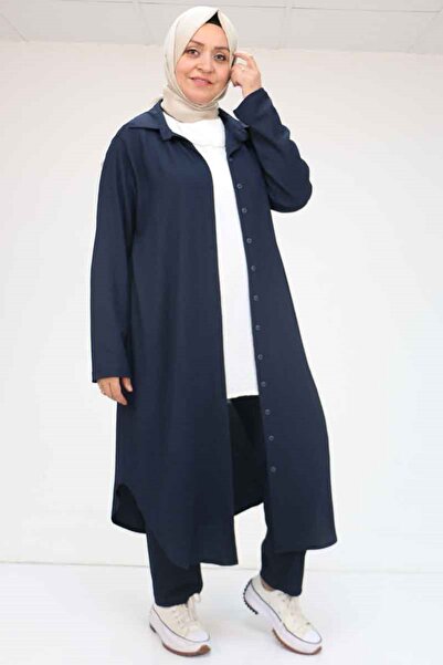 37013 Plus Size Set with Brittle Pants - Navy Blue