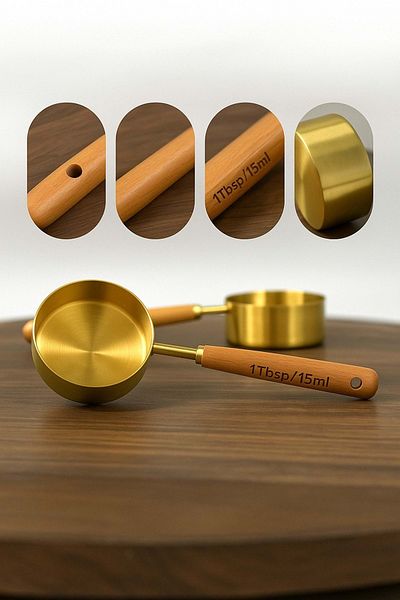Jenisa Gold Stainless Steel Measuring Spoon 15 ml Premium Quality Measuring Spoon with Wooden Handle