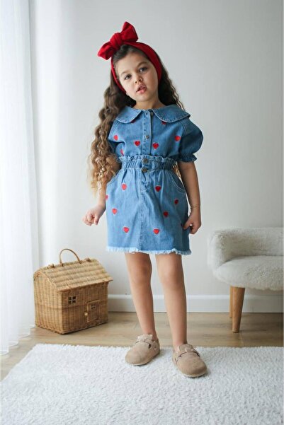 tunays shopping Heart Embroidered Denim Skirt Set