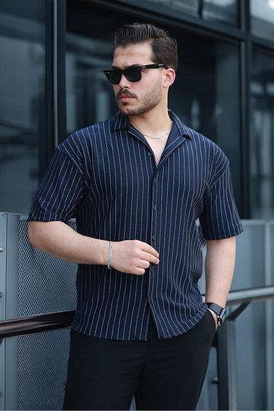 Valiberta Apaş Collar Crepe Fabric Striped Half Oversize Men's Shirt - Navy Blue