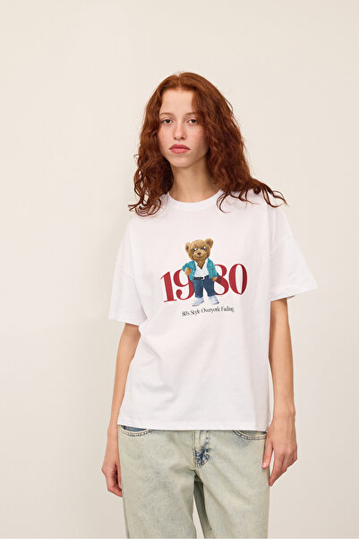 Addax Teddy Bear Printed Short Sleeve Oversize T-Shirt P13716-Asn75