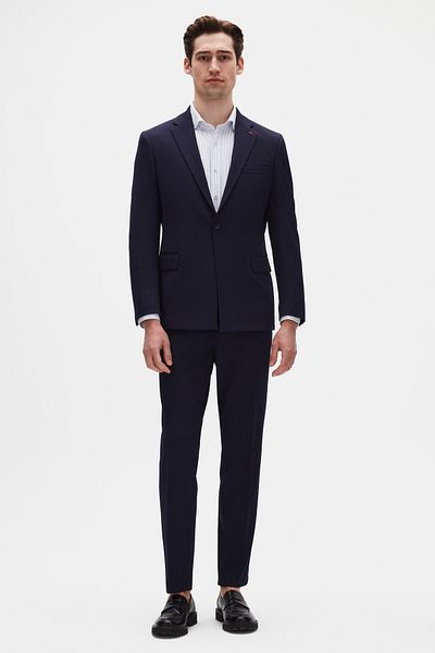 Twn Slim Fit Navy Blue Corded Knitted Suit