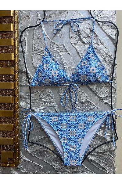 XORVİO Women's New Season Lycra Stretchy Side and Neck Tie Stylish Drawstring Triangle Blue Drop Bikini Set