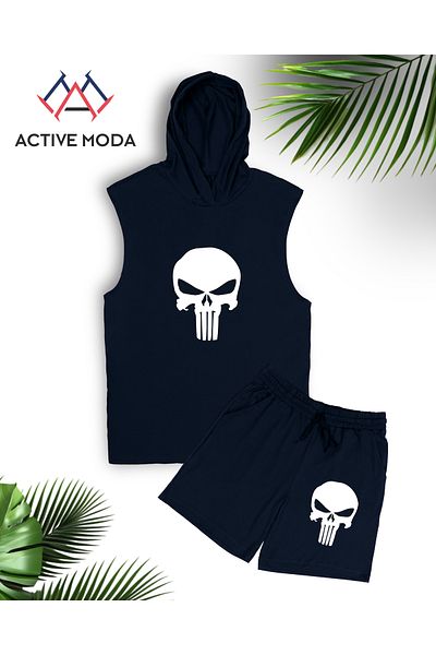 ACTIVE MODA -Men's Skull Printed Sleeveless Tank-Shorts 2-Piece Suit Oversized Large Size