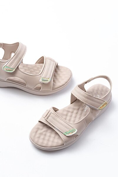 Aymood DM-363 Μπεζ Σκληρό Κράνος Velcro Ραμμένα Καθημερινά Γυναικεία Σανδάλια