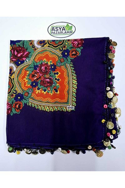 ASYA PAZARLAMA Purple Writing and Beaded Shawl, Keshan, Kerchief, Scarf, Hairband and Bandana