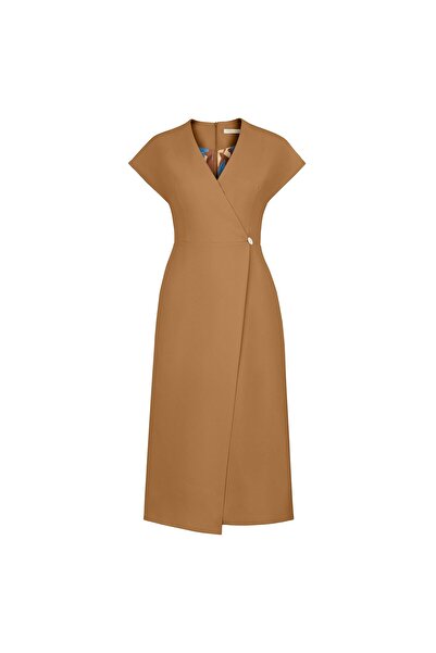 BİRELİN Kruvaze Görünümlü Poliviskon Elbise Ahşap Rengi