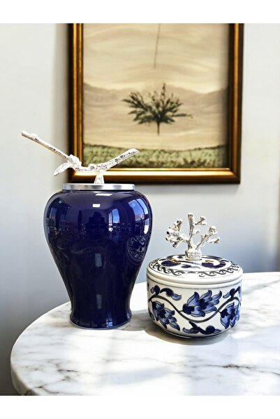 ferayhome Dekoratif Obje Lacivert Şah Küp Mercan Zamaklı Mavi Çiçekli Obje Gü...