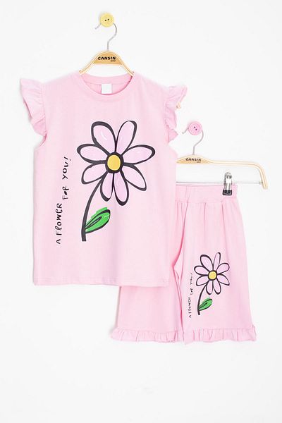 Cansın Mini Pink Daisy Printed Ruffle Detailed Girl's Shorts Set of 2 20602