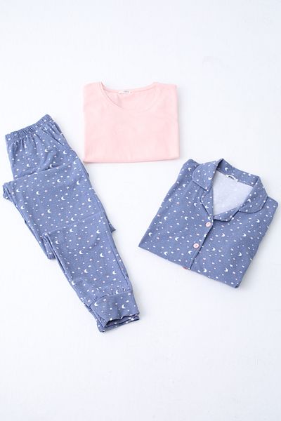Nicoletta Indigo Women &Apos; S Pajama Set - Long Sleeve, Button, Pocket, Cotton Set of 3