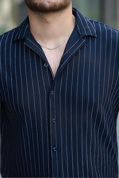 Valiberta Apaş Collar Crepe Fabric Striped Half Oversize Men's Shirt - Navy Blue