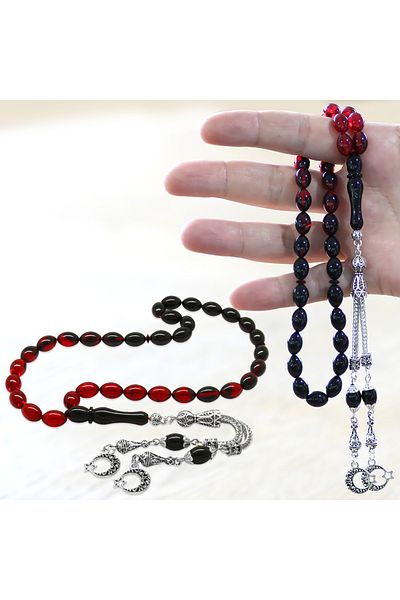 Tesbihane Ayyıldız Metal Tasseled - Barley Cut Filtered Rosary, Red-Black Fire Amber