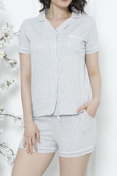 Nicoletta Set de pijama pantaloni scurți pentru damă, cu mânecă scurtă, buzunar cu nasturi, bumbac STONE