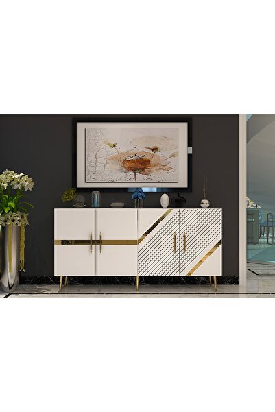 zerkaconcept Pınar Konsol Tv Sehpası Çok Amaçlı Dolap Beyaz Altın 150 cm