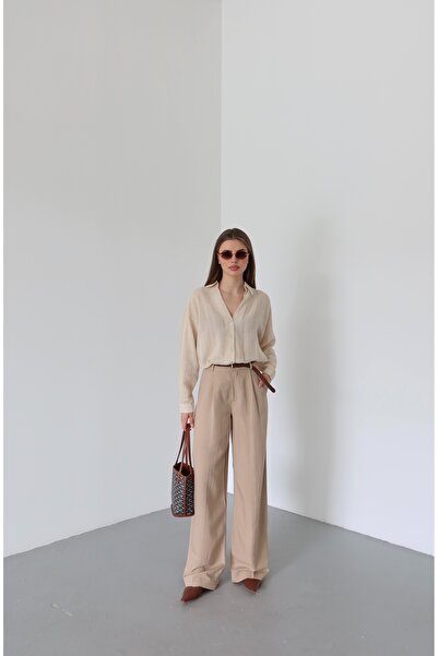 Laluvia Bej Örgü Kemerli Pantolon - 51150
