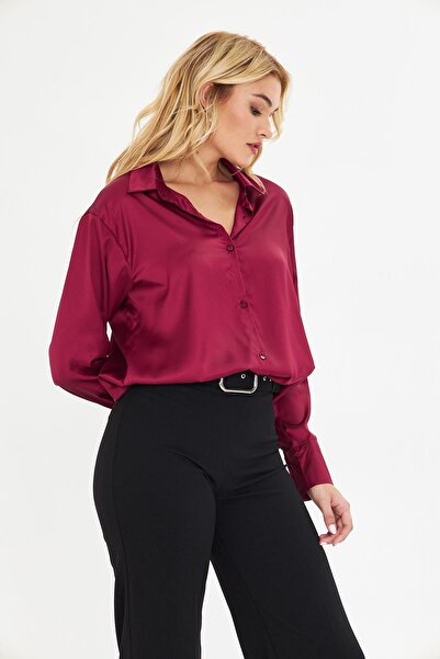 BELISTIL Bordo Regular Uzun Kollu Saten Gömlek
