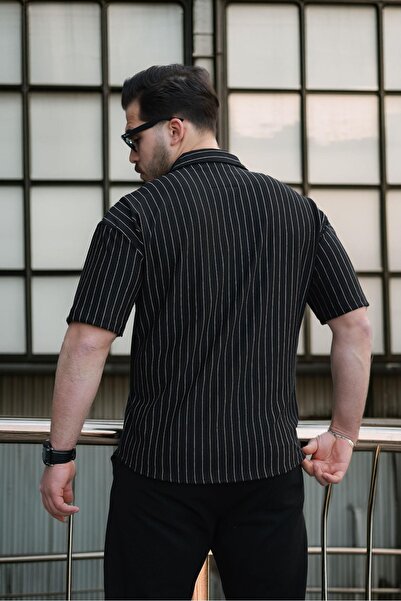 Valiberta Апаш яка креп плат с ивици, полудълга мъжка риза - черна