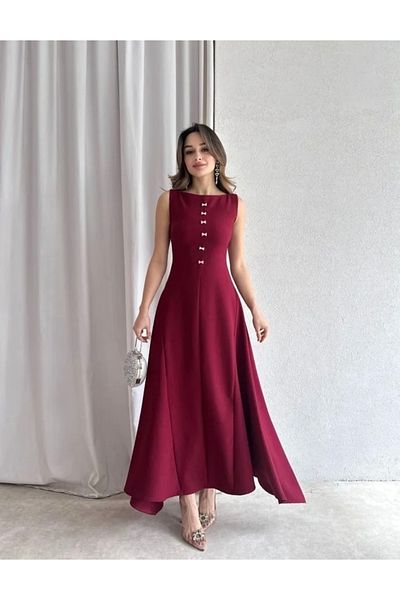 Afiş Butik Burgundy Zero Sleeve Bow Tie and Removable Brooch Long Dress