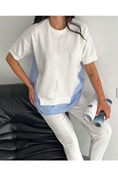 Elegant Pearl Detail Modal Fabric White Bottom Top Set