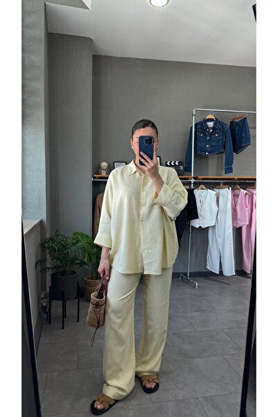 YOUR NAME طقم بنطلون قميص كبير الحجم من قماش الكتان