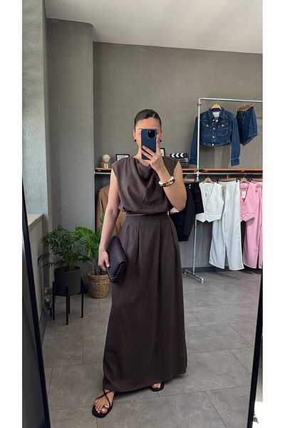 YOUR NAME Linen Zero Sleeve Blouse Skirt Set