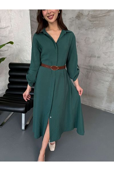 Elif Özbey Butik Rochie cămașă cu curea cu textura Yumoş de smarald
