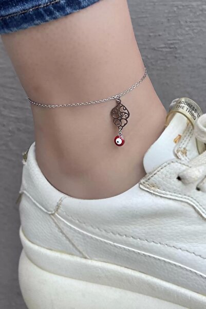 TakıDolabı Silver Color Evil Eye Bead Figured Steel Anklet