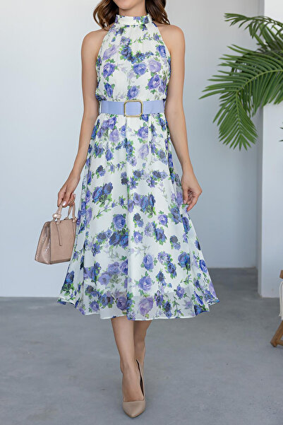 Neşeli Butik γυναικείο φόρεμα σιφόν με ζώνη midi μήκους NBMY3432