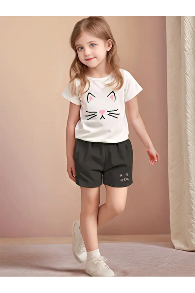 MORNİNG KİDS Set de pantaloni scurți-tricou cu imprimeu pisică cu mustață alb...