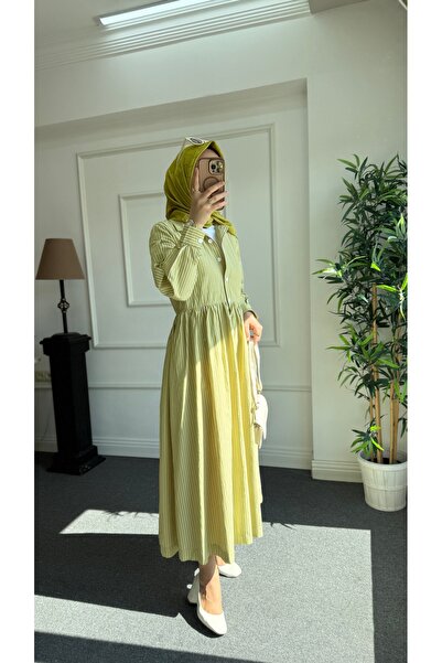Nisa Nalbantoğlu Yağ Yeşili Poplin Gömlek Elbise