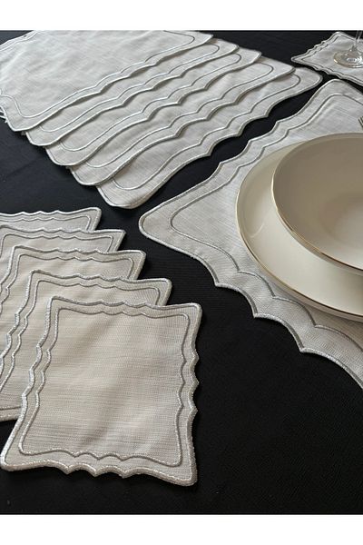 Smiling Home 12-Piece Silver Color Set: 6 Zigzag Squares - American Service & Presentation Napkins