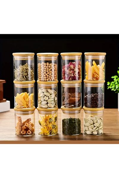 Kitchen Pembelia Set of 12 Bamboo Lids 350ml Glass Large Size Spice Bowl Set Spice Bowl Set
