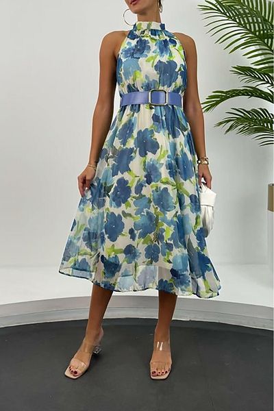 Neşeli Butik Women's Belt Midi Length Chiffon Dress Nbmy3432