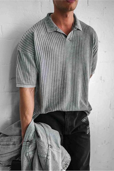 ablukaonline Ανδρικό πλεκτό με γιακά Polo Regular Fit - Γκρι μπλουζάκι