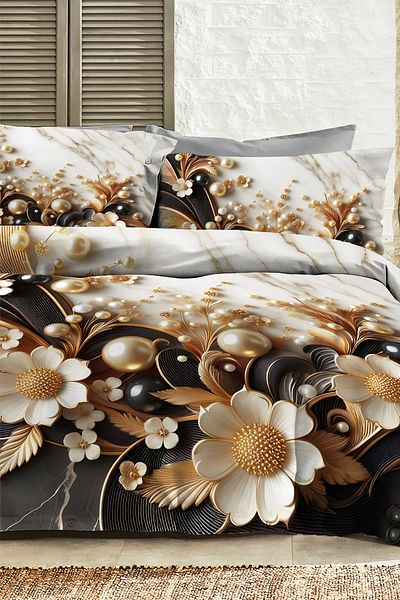 MonoHome 100% Cotton Ranforce Dowry Luxury 5D Digital Double Duvet Cover Set Perla